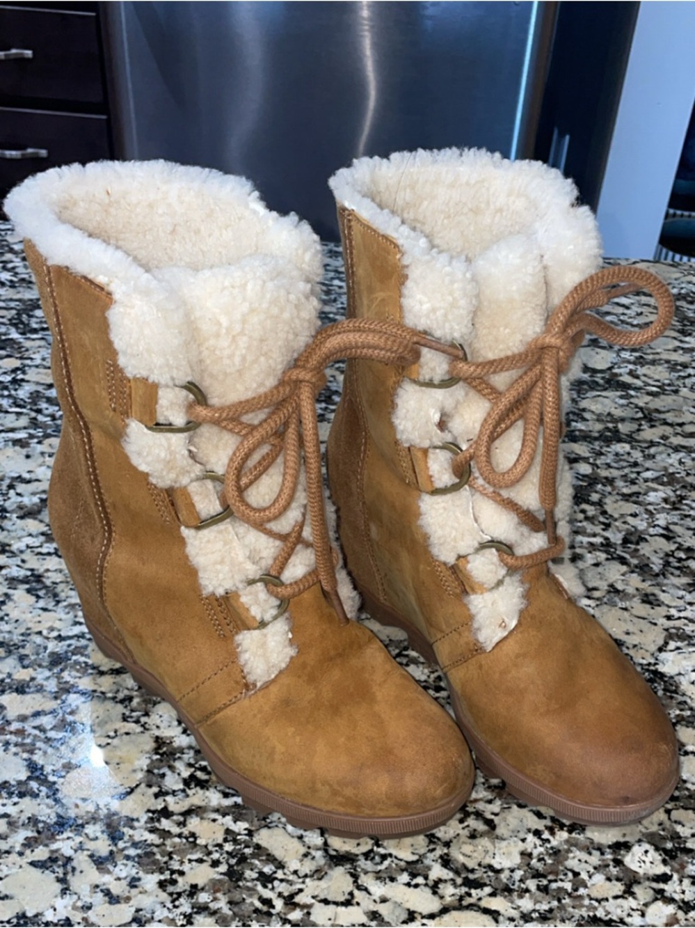 Sorel Tan Suede Wedge Lace-Up Boot with Cream Shearling Cuff